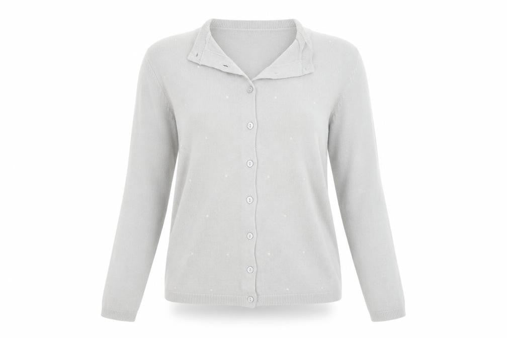 Front view of Marks & Spencer women’s grey knit cardigan jumper, size UK 10