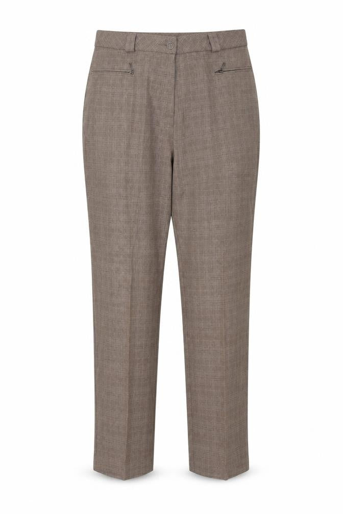 Front view of Marks & Spencer women’s brown trousers, size UK 14, 24-inch leg
