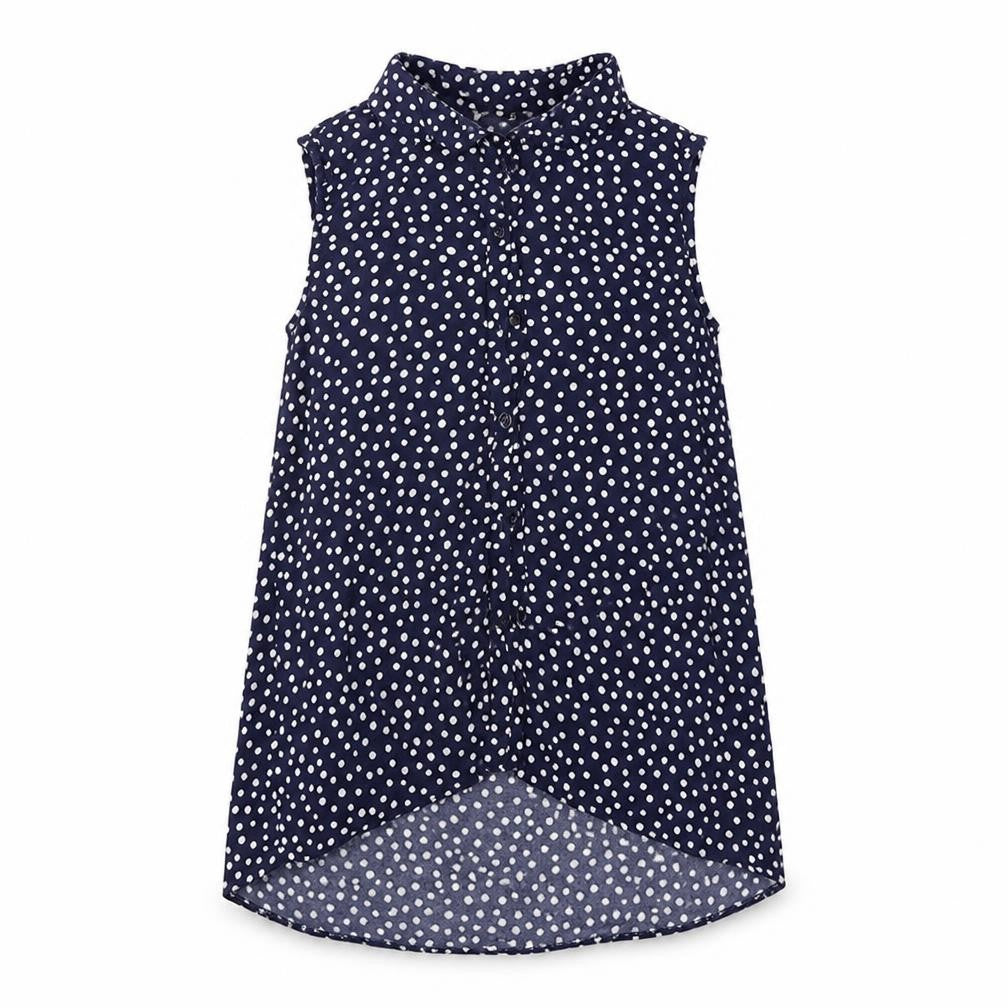 Front view of Nutmeg girls’ blue polka dot basic button-up, size 10-11, years