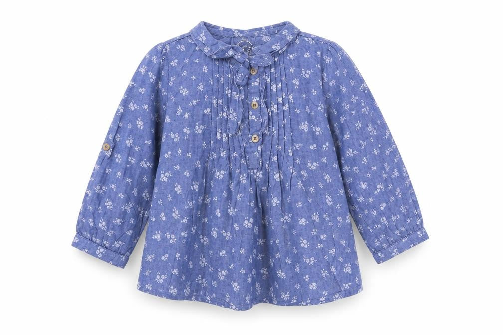 Front view of Young Dimension boys’ blue floral a-line, size 18-24, months
