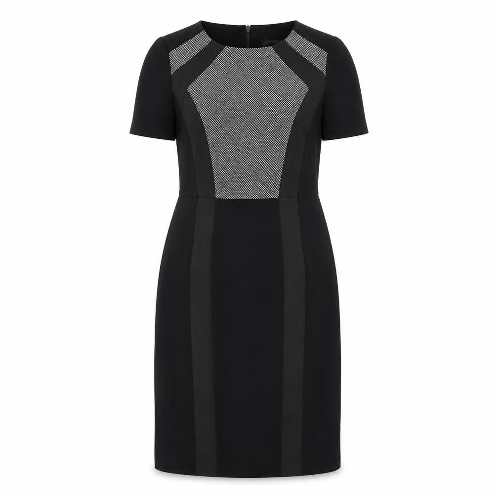 Front view of Marks & Spencer women’s black geometric a-line, size UK 12