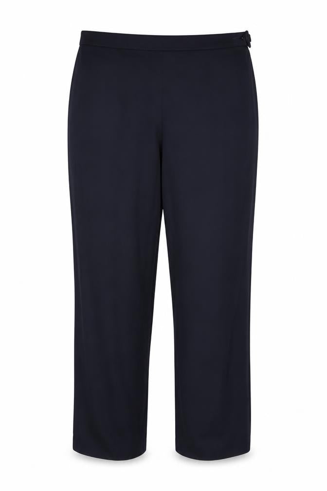 Front view of Marks & Spencer women’s blue trousers, size UK 16, 27-inch leg