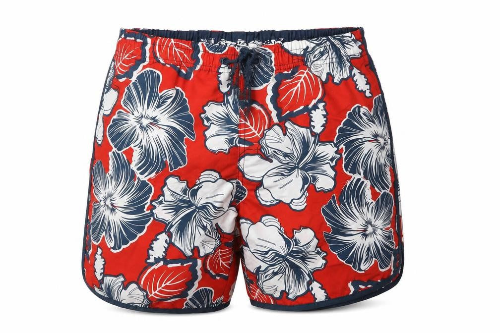 Front view of SACTIVE boys’ red floral bermuda shorts, size XS