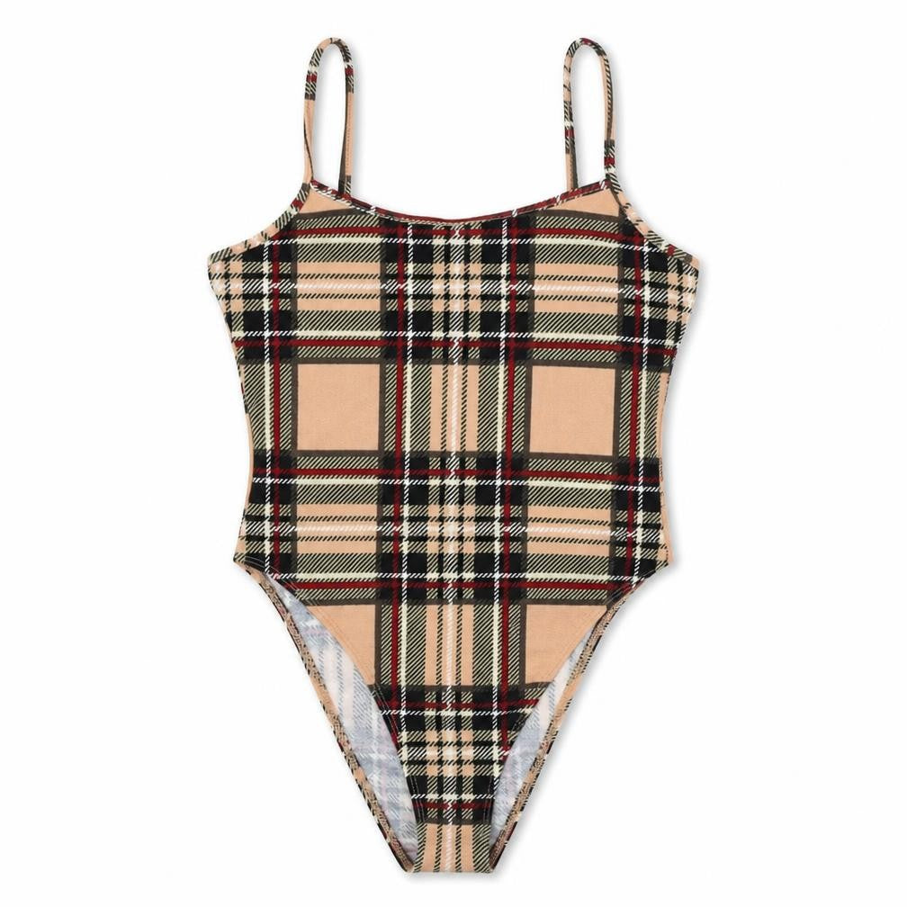 Front view of SHEIN women’s pink check bodysuit one-piece, size XS