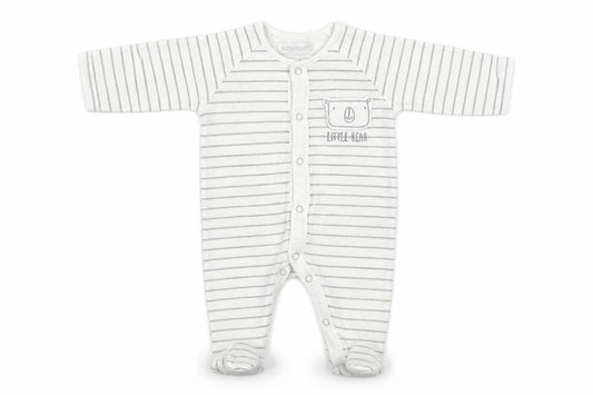 Front view of Early Days boys’ white striped babygrow one-piece, size 0-3, months