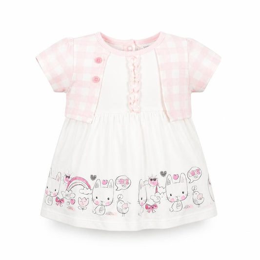 Front view of M&Co girls’ pink check babygrow one-piece, size 6-9, months