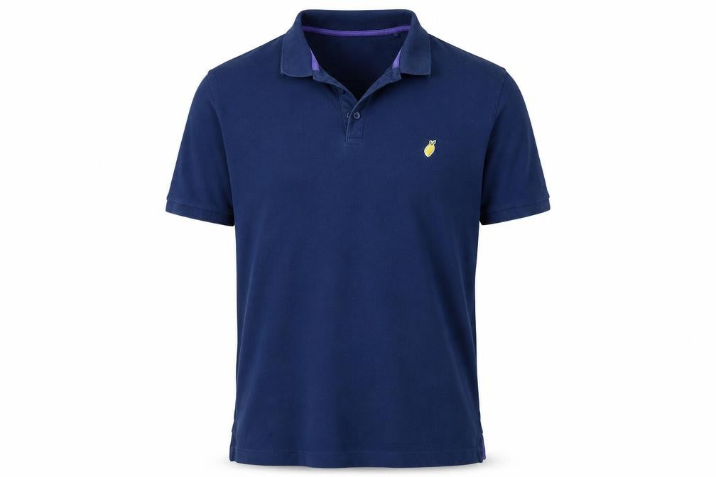 Front view of Easy men’s blue polo, size L