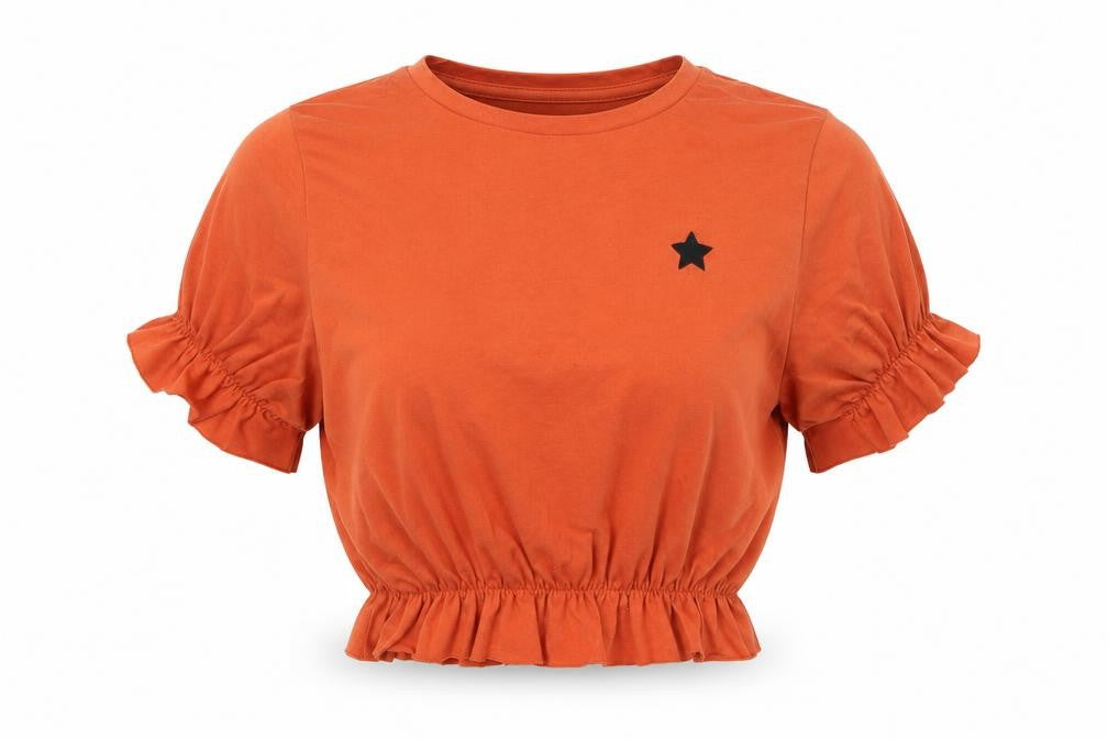 Front view of Primark women’s orange cropped t-shirt, size XS
