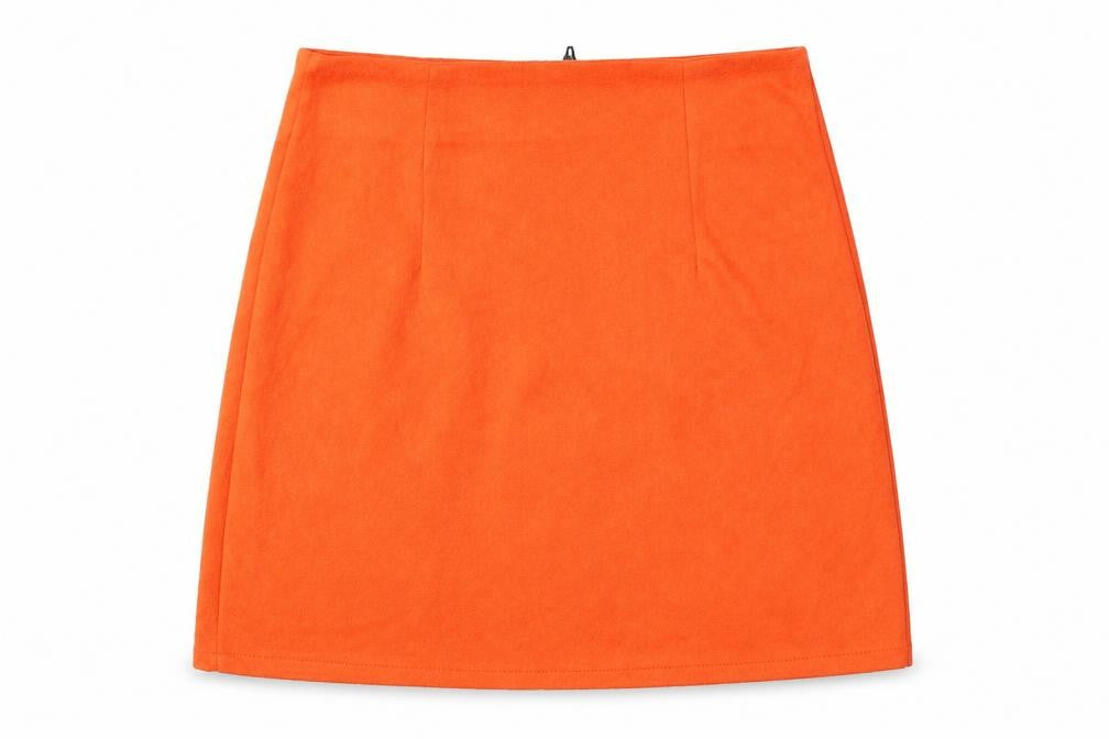 Front view of PRETTYLITTLETHING women’s orange mini skirt, size UK 6