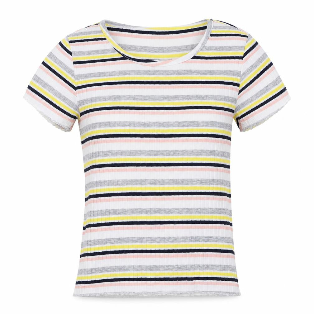 Front view of Primark women’s white striped basic t-shirt, size UK 6