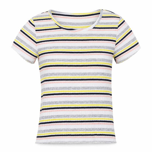 Front view of Primark women’s white striped basic t-shirt, size UK 6