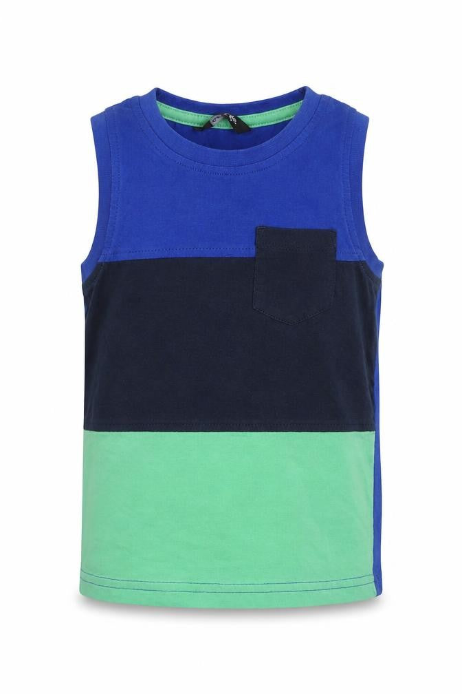 Front view of George boys’ blue colourblock basic tank, size 2-3, years