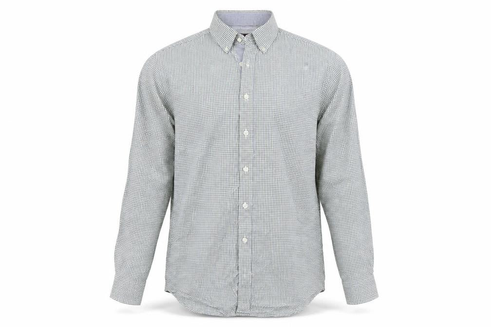 Front view of Marks & Spencer men’s green check button-up, size 16
