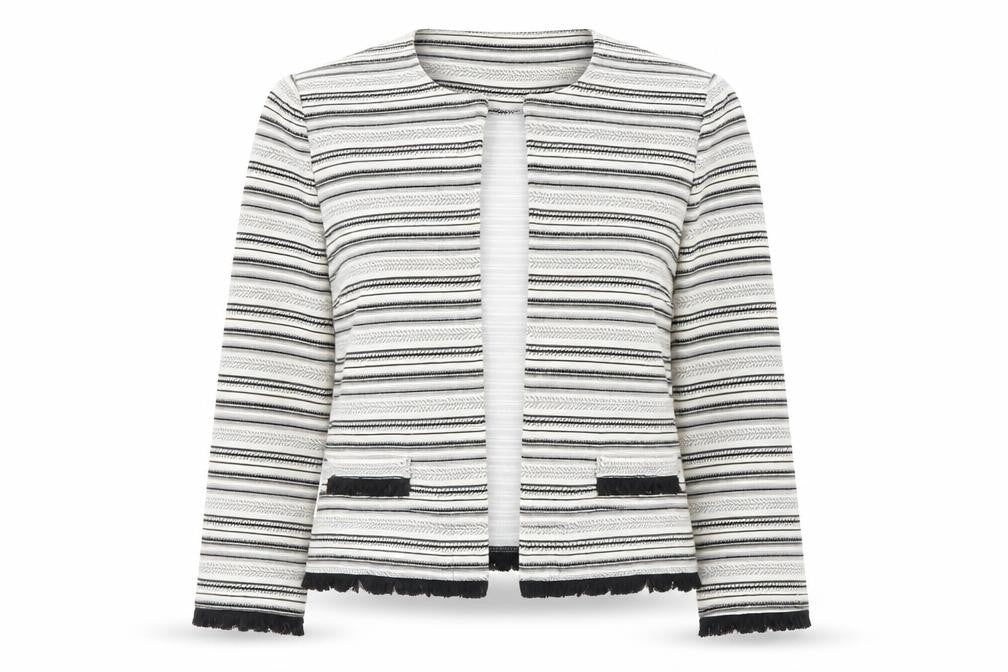 Front view of Marks & Spencer women’s ivory striped jacket, size UK 10