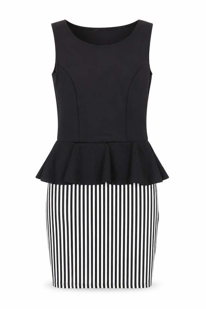 Front view of Evita women’s black striped bodycon, size UK 10