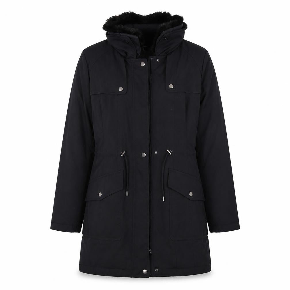 Front view of Marks & Spencer women’s black overcoat coat, size S