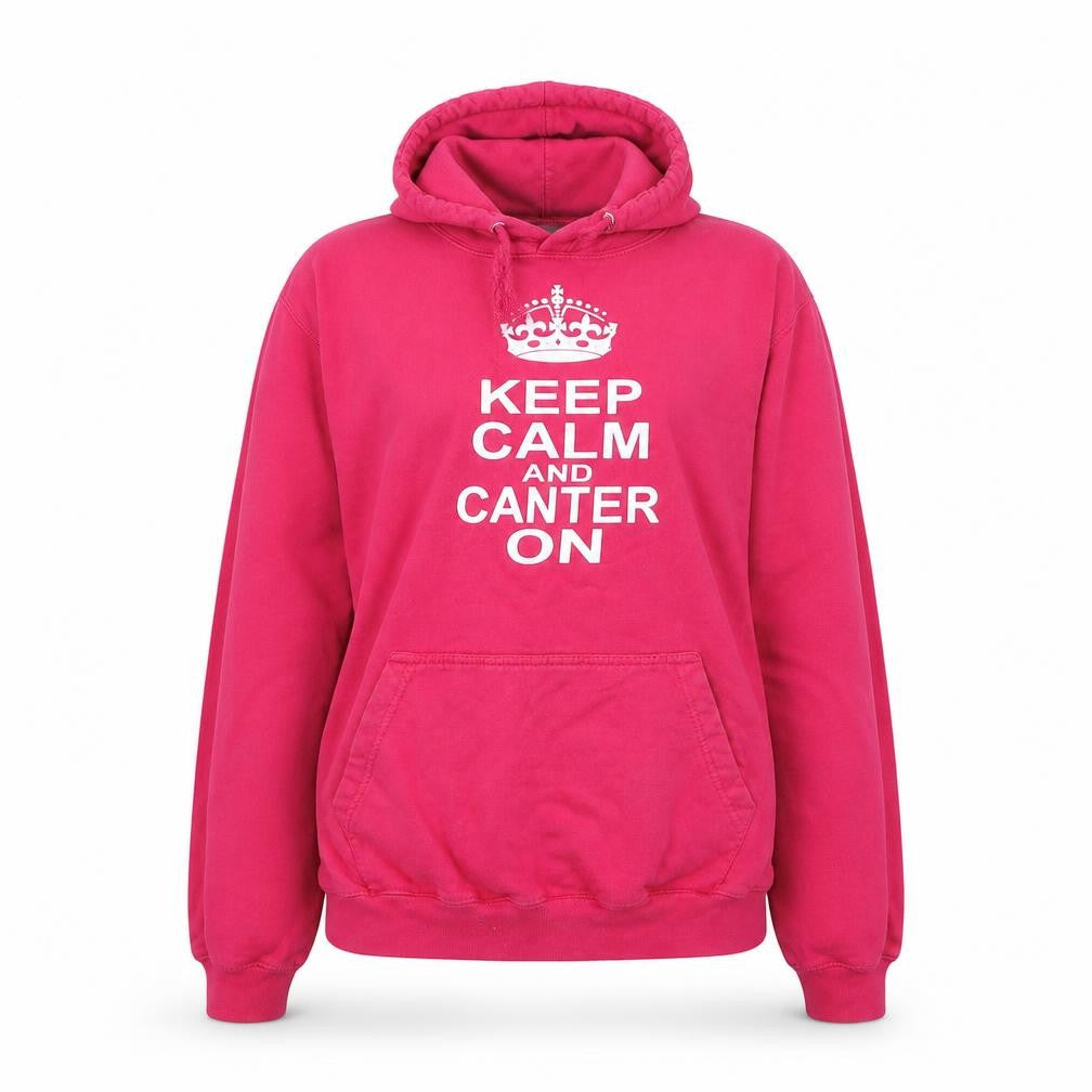 Front view of All We Do women’s pink pullover hoodie, size M, - keep calm