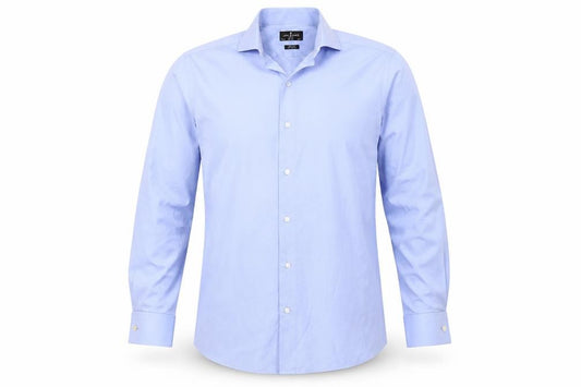 Front view of Debenhams men’s blue dress shirt, size 15.5