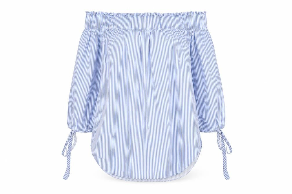 Front view of H&M women’s blue striped basic blouse, size UK 4