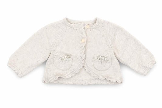 Front view of Monsoon girls’ beige cardigan jumper, size 3-6, months
