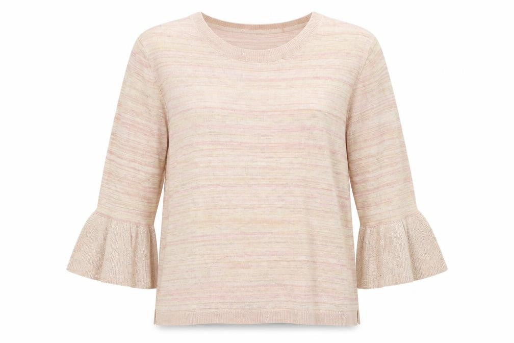 Front view of Per Una women’s pink striped basic blouse, size UK 16