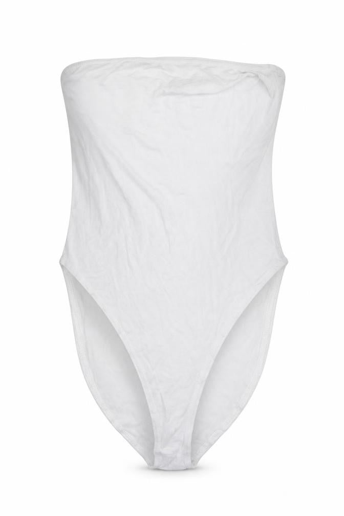 Front view of Boohoo women’s white bodysuit one-piece, size UK 10