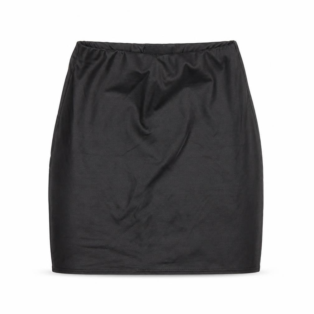 Front view of PRETTYLITTLETHING women’s black mini skirt, size UK 4