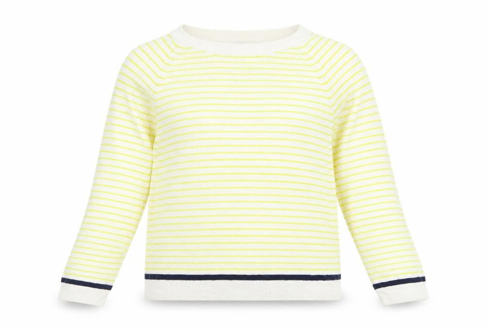 Front view of Gap women’s yellow striped jumper, size M