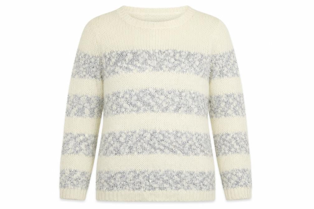 Front view of Topshop women’s beige striped jumper, size UK 8, - sequin detail
