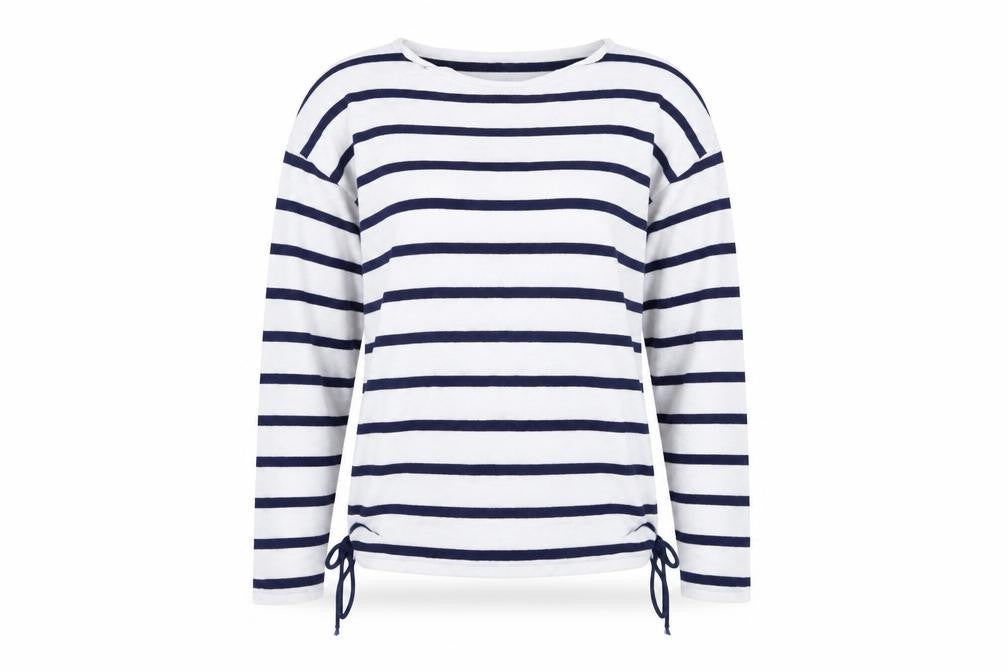 Front view of Tu women’s white striped jumper, size UK 12