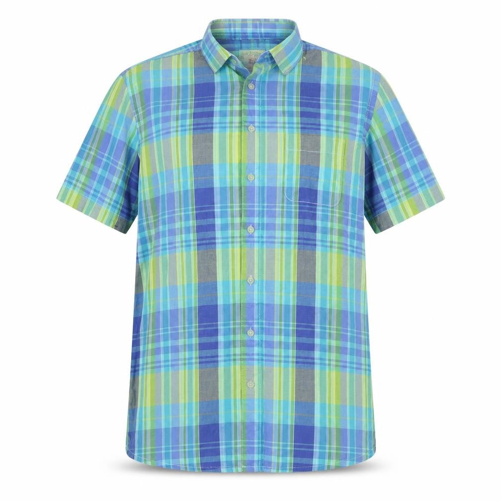 Front view of Bar Harbour men’s blue plaid button-up, size M