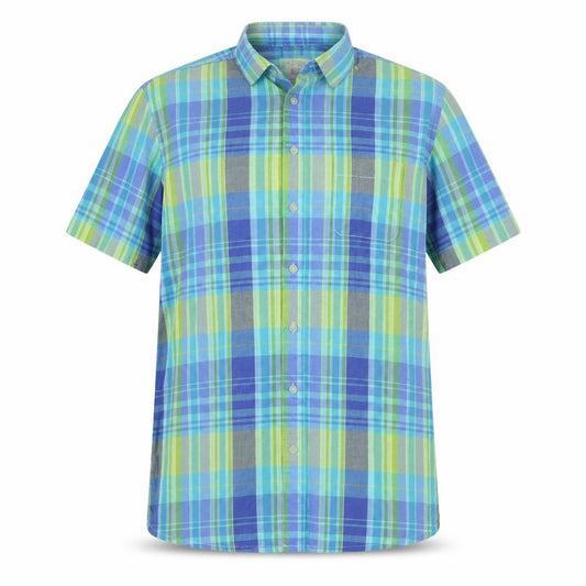 Front view of Bar Harbour men’s blue plaid button-up, size M