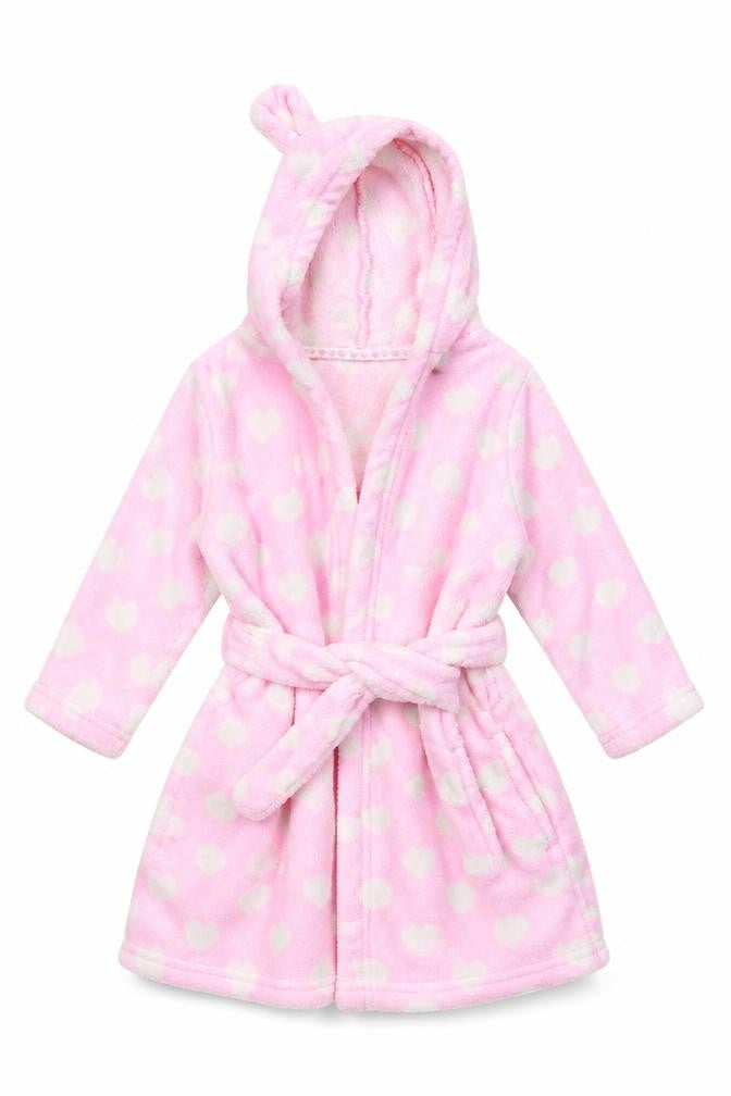Front view of Young Dimension girls’ pink polka dot robe, size 4-5, years