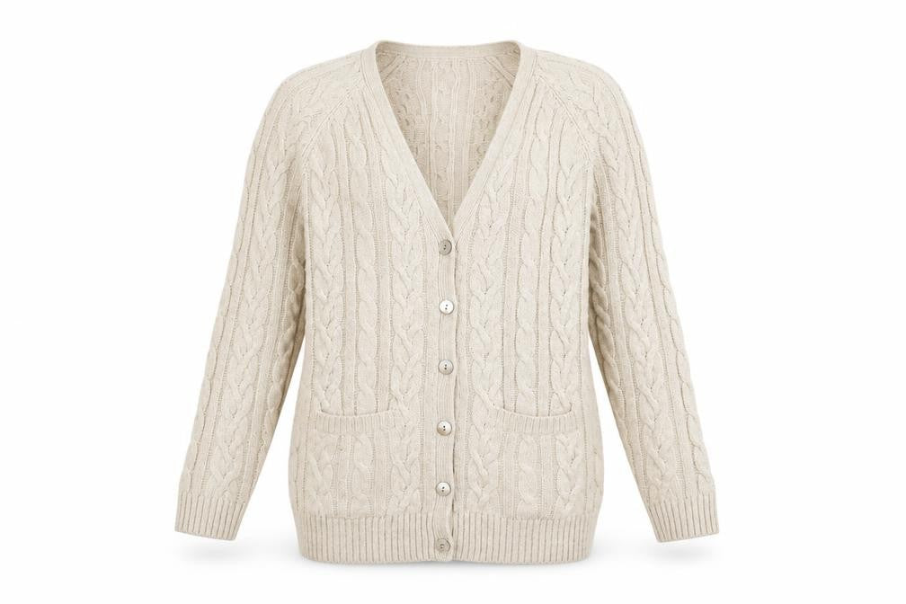 Front view of Marks & Spencer women’s beige jacket coatigan, size UK 8