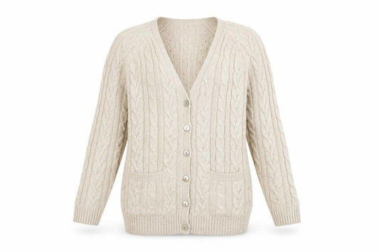 Front view of Marks & Spencer women’s beige jacket coatigan, size UK 8