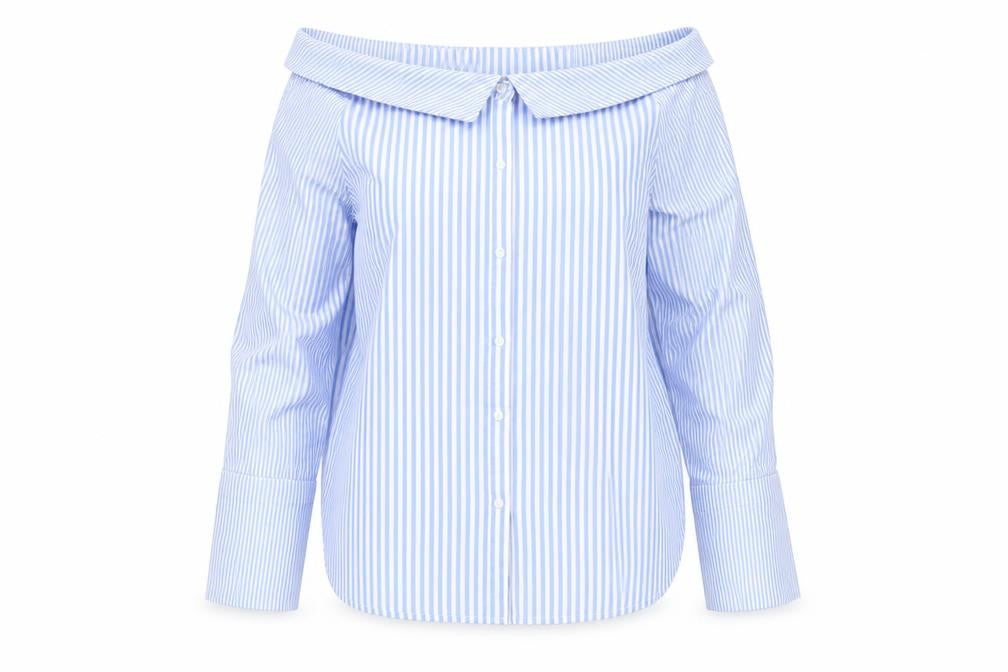 Front view of New Look women’s blue basic button-up, size UK 16