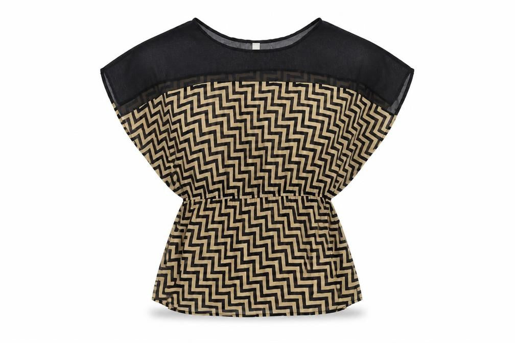 Front view of Tini Lili women’s brown geometric basic blouse, size M