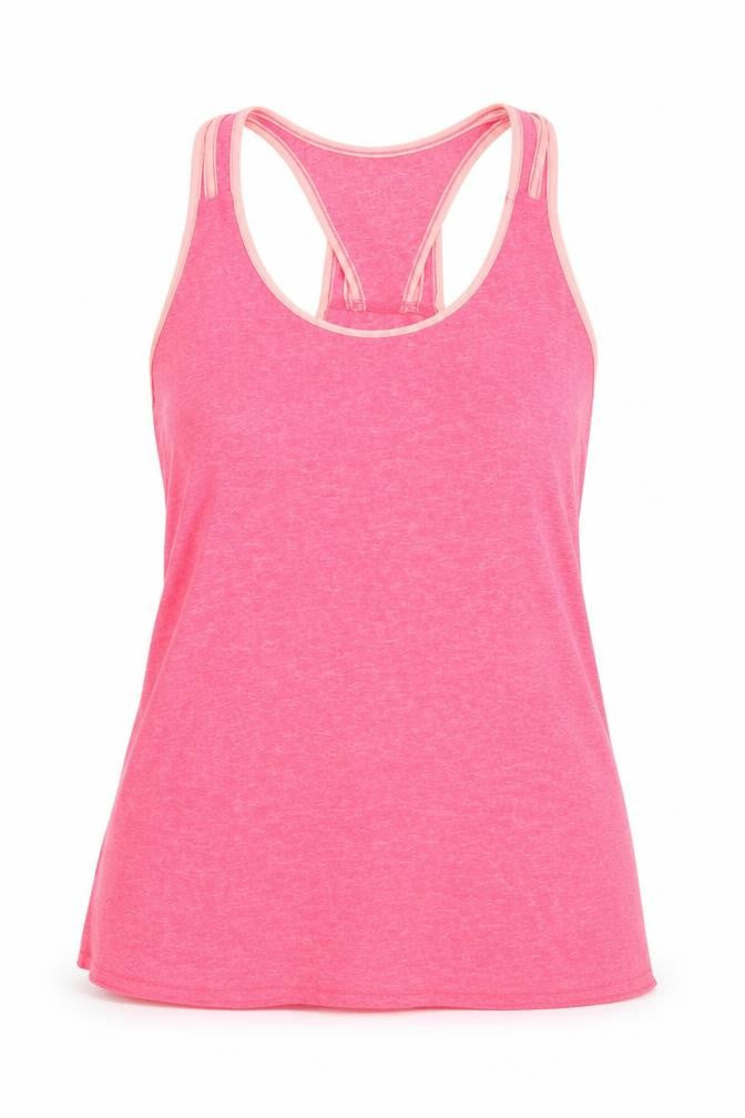 Front view of women’s pink basic tank, size S