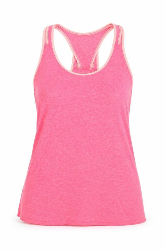 Front view of women’s pink basic tank, size S