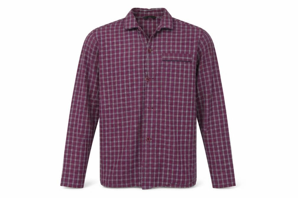 Front view of Marks & Spencer men’s purple check button-up, size L