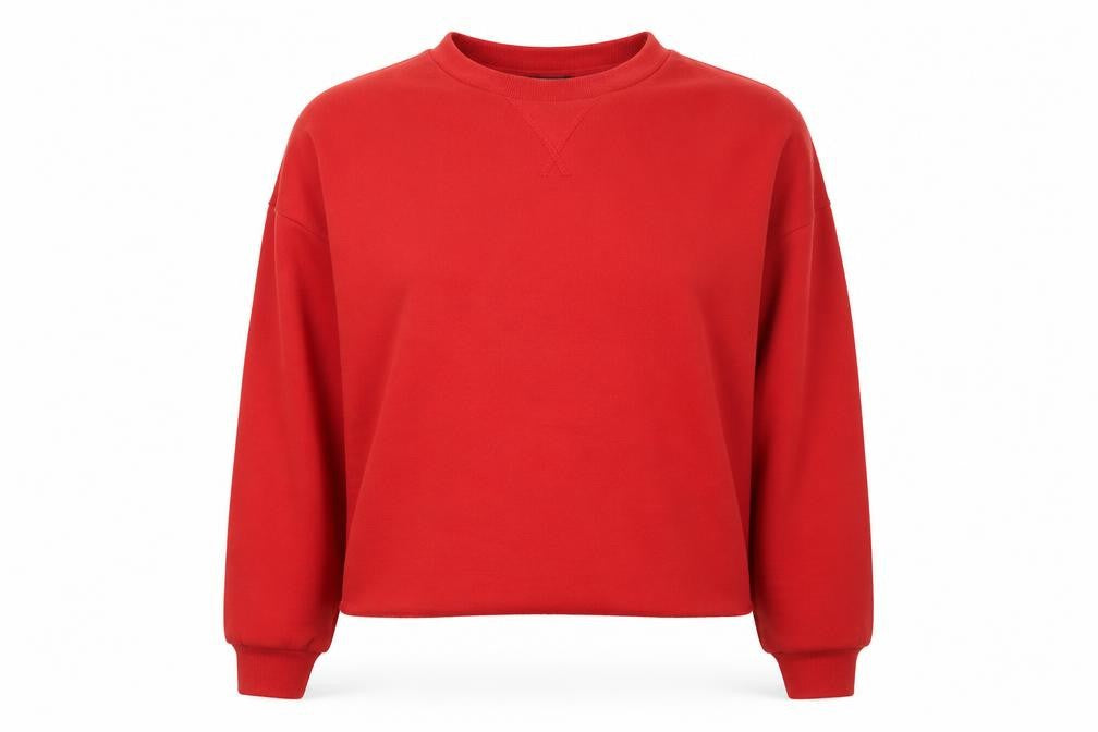 Front view of Primark women’s red pullover sweatshirt, size UK 6