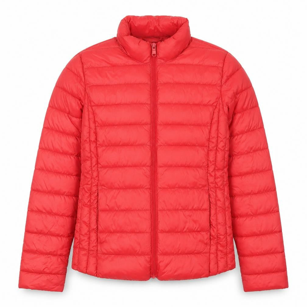 Front view of Primark women’s red quilted coat, size UK 6