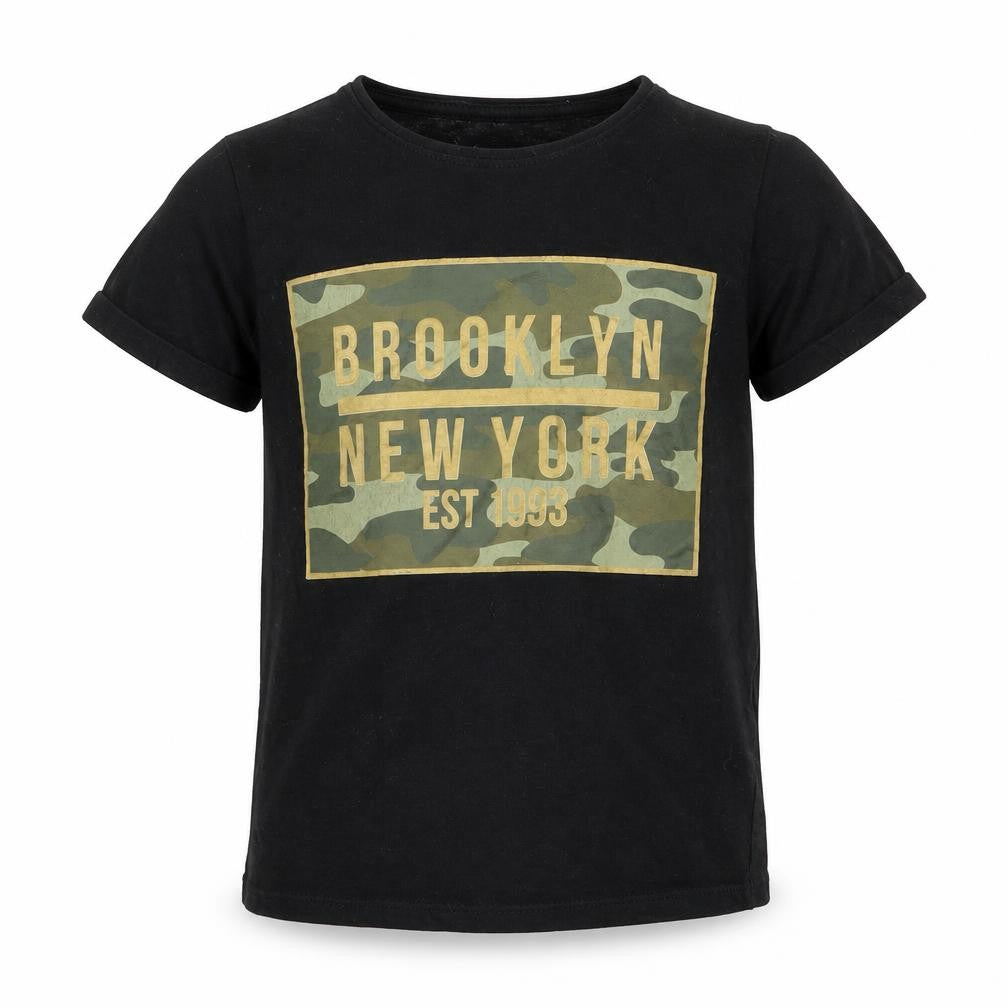 Front view of Primark boys’ black basic t-shirt, size 7-8, years - brooklyn new york