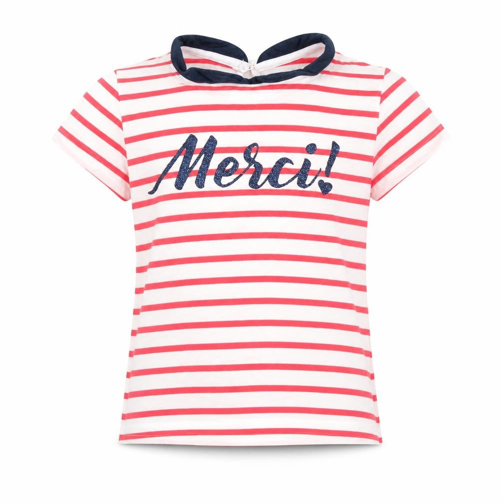 Front view of girls’ girls red striped basic t-shirt, size 7, years