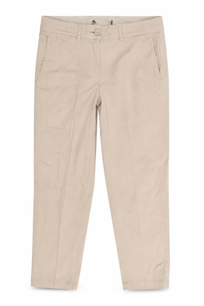Front view of Preworn women’s beige capri trousers one, size UK, 25-inch leg