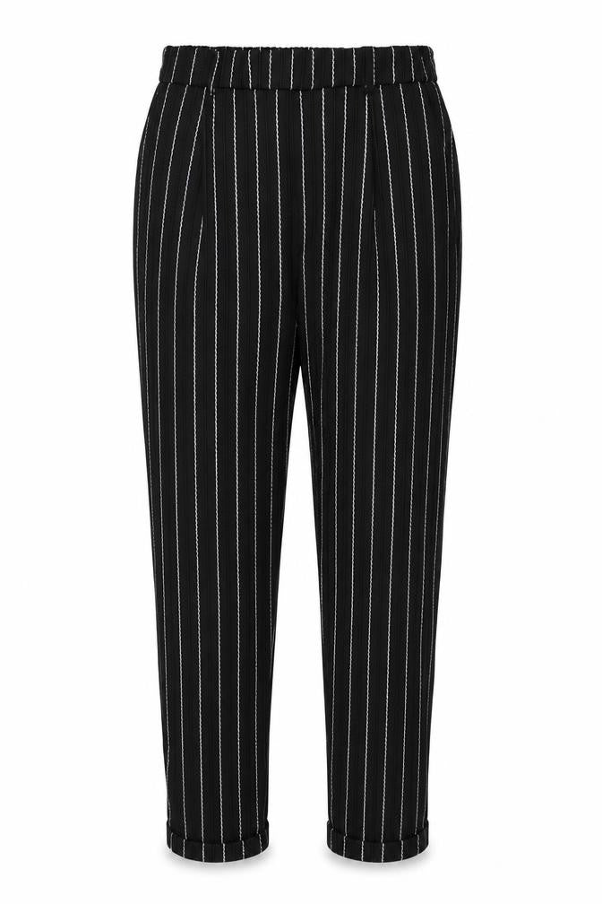 Front view of Select women’s black striped trousers, size UK 10, 26-inch leg