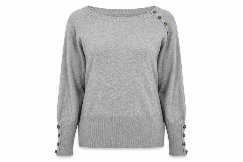Front view of David Emanuel women’s grey knit jumper, size UK 18