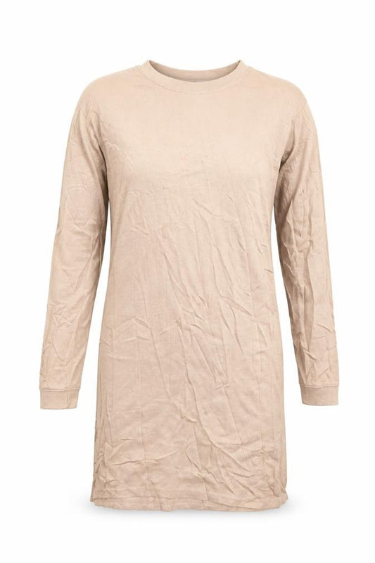 Front view of Missguided women’s beige jumper dress, size UK 10