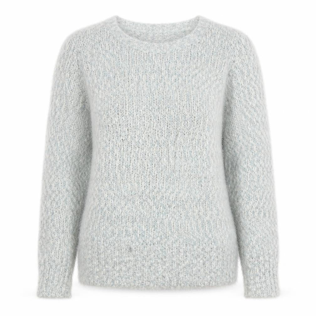 Front view of isle essentials women’s blue jumper, size UK 14