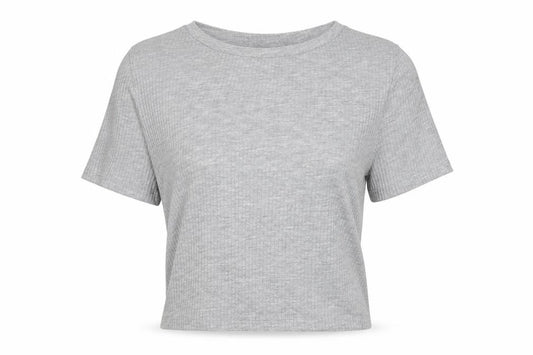 Front view of New Look women’s grey striped wrap t-shirt, size UK 10